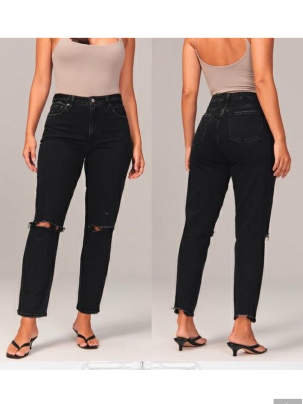 A&F Mom High Rise Black Distressed Straight-Leg Jeans, Size 30 Curve Love